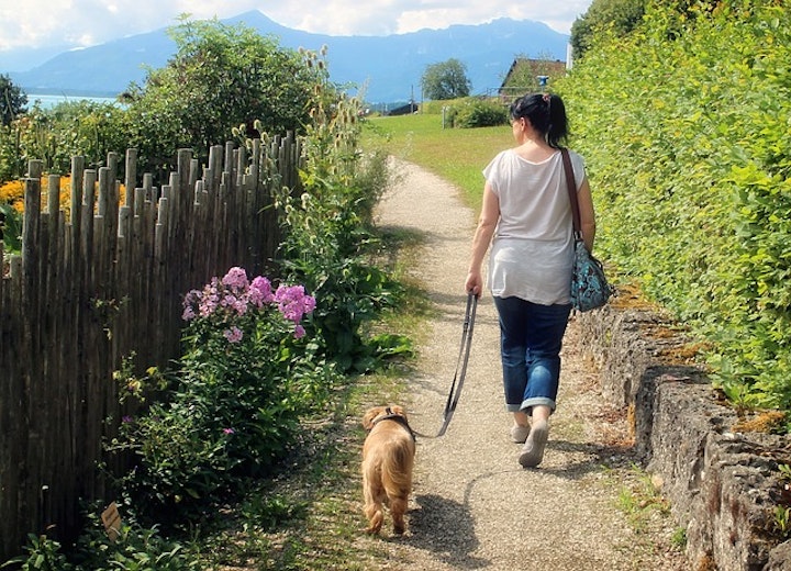 女性と犬散歩