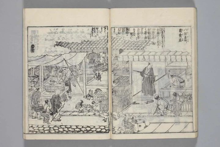 『摂津名所図会』に描かれた江戸時代の鳥屋「八百屋町飛禽店」