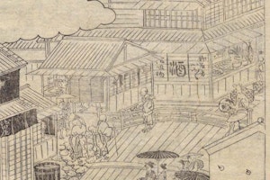 居酒屋の前でお座りする2匹の犬（江戸名所図会より）