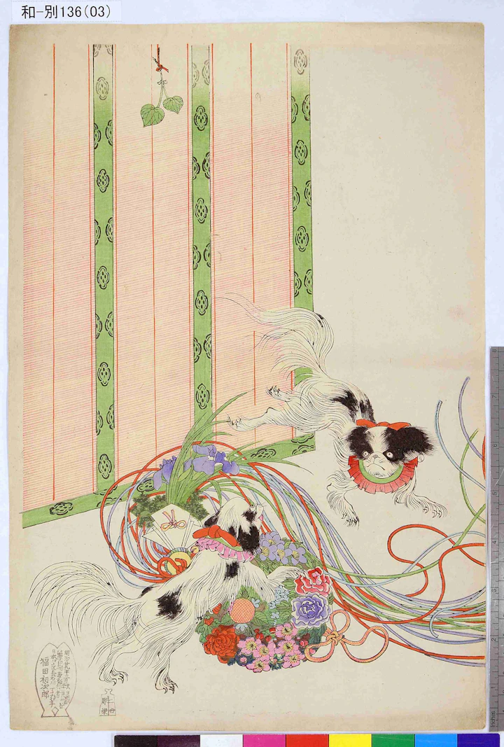 楊洲周延の浮世絵「千代田の大奥 狆のくるひ」。首輪をつけた2匹の狆が薬玉にじゃれている
