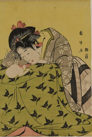 歌川国政の浮世絵「炬燵の娘と猫」。炬燵にもたれる娘と、炬燵の上で眠る白猫